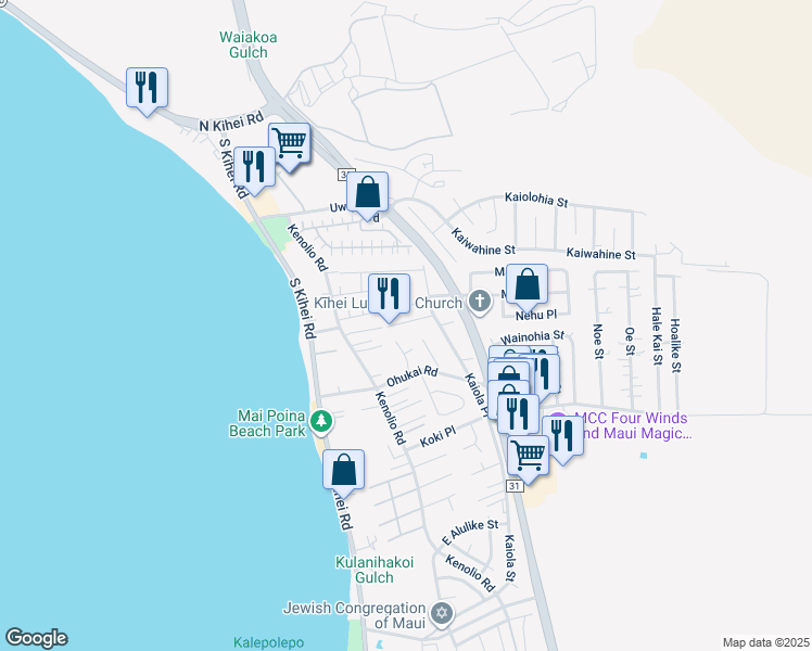 map of restaurants, bars, coffee shops, grocery stores, and more near 122 Luluka Place in Kihei