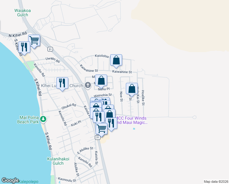 map of restaurants, bars, coffee shops, grocery stores, and more near 293 Wainohia Place in Kihei