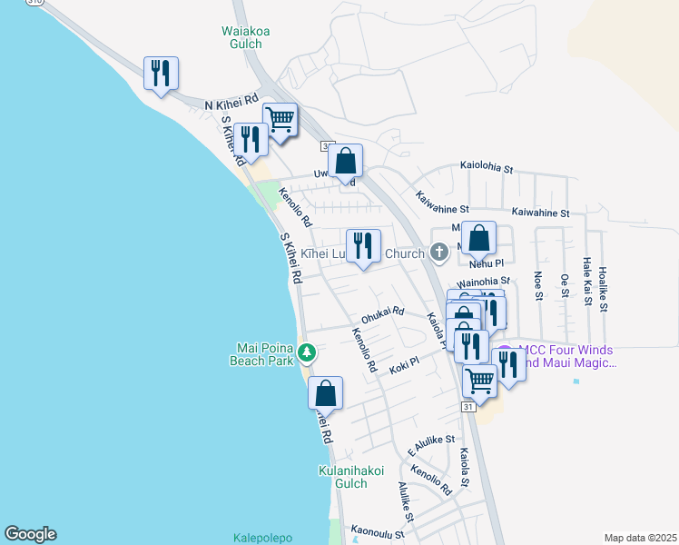 map of restaurants, bars, coffee shops, grocery stores, and more near 61 Konale Place in Kihei