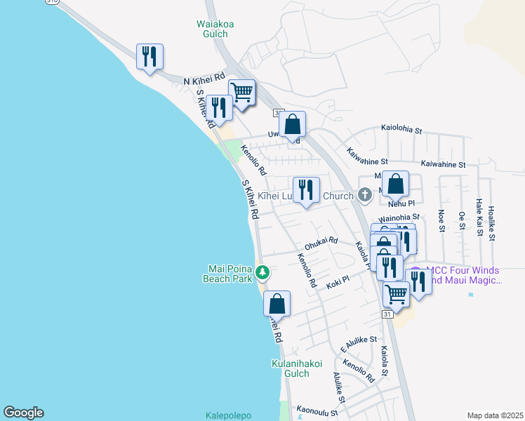 map of restaurants, bars, coffee shops, grocery stores, and more near 15 Leilani Road in Kihei