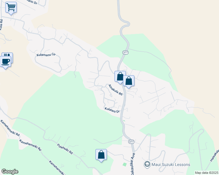 map of restaurants, bars, coffee shops, grocery stores, and more near 342 Ainakula Road in Kula