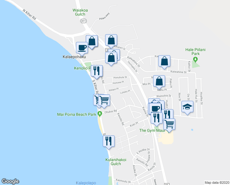 map of restaurants, bars, coffee shops, grocery stores, and more near 75 Konale Place in Kihei