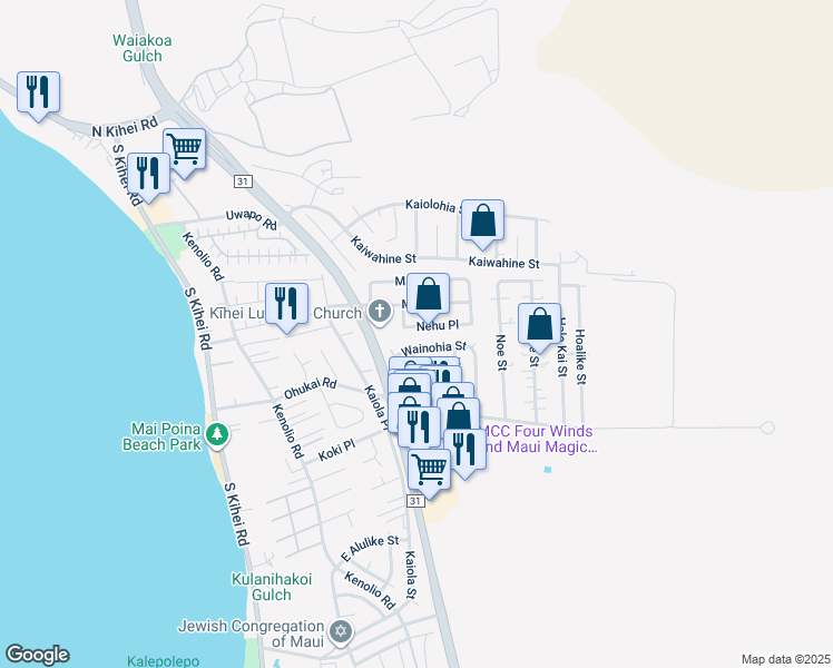 map of restaurants, bars, coffee shops, grocery stores, and more near 286 Nehu Place in Kihei