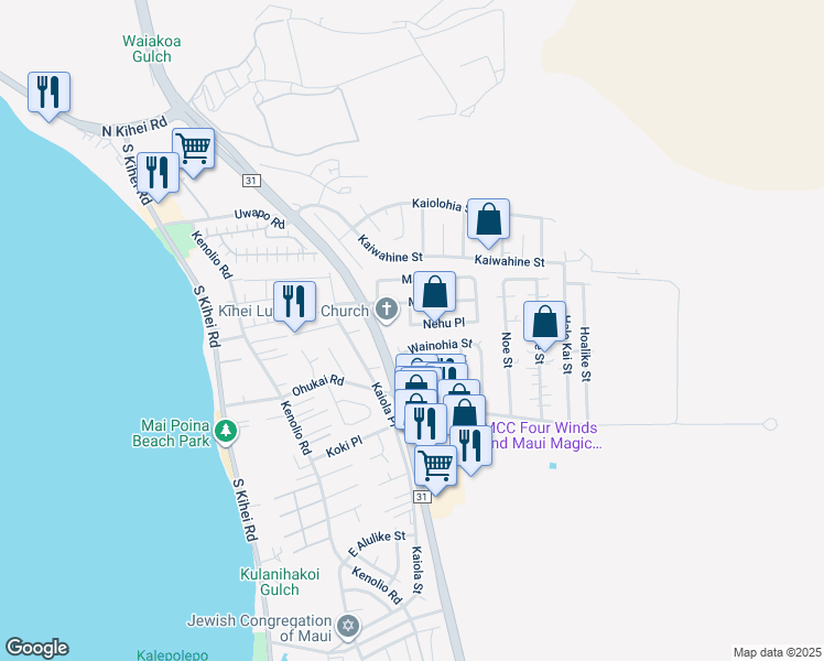 map of restaurants, bars, coffee shops, grocery stores, and more near 272 Nehu Place in Kihei