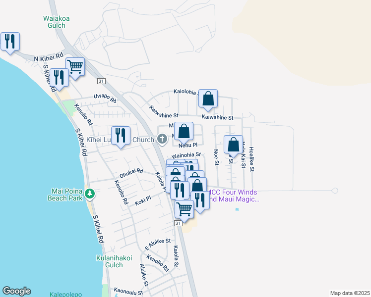 map of restaurants, bars, coffee shops, grocery stores, and more near 306 Nehu Place in Kihei