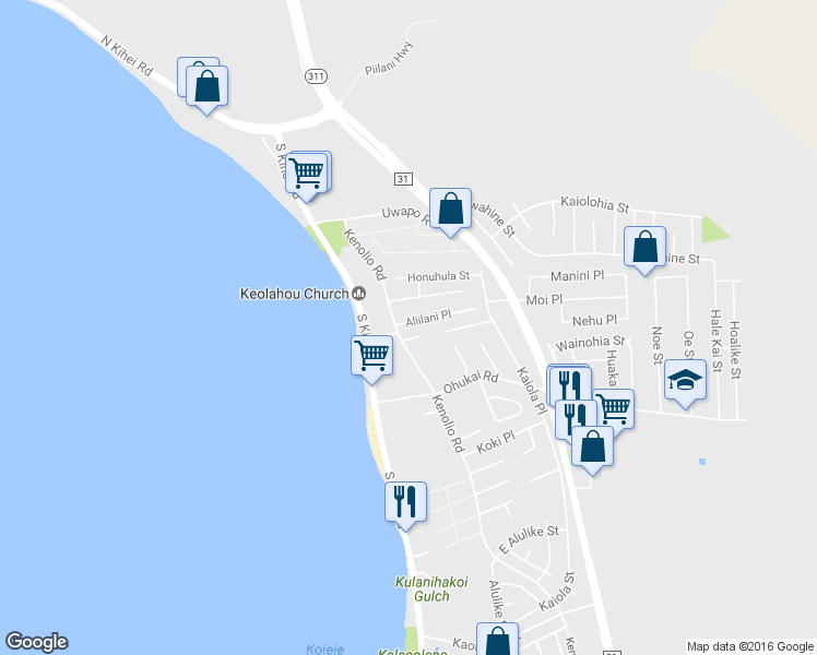 map of restaurants, bars, coffee shops, grocery stores, and more near 58 Aliilani Place in Kihei