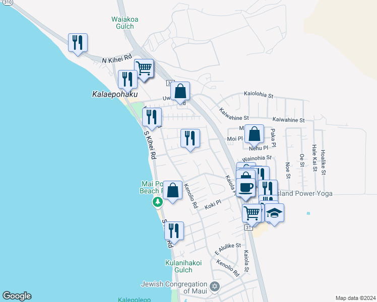 map of restaurants, bars, coffee shops, grocery stores, and more near 101 Luluka Place in Kihei