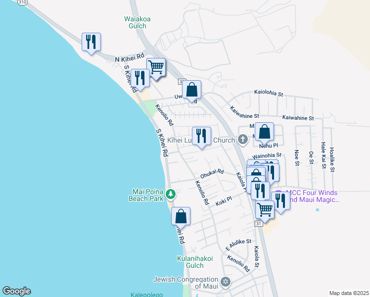 map of restaurants, bars, coffee shops, grocery stores, and more near 58 Aliilani Place in Kihei