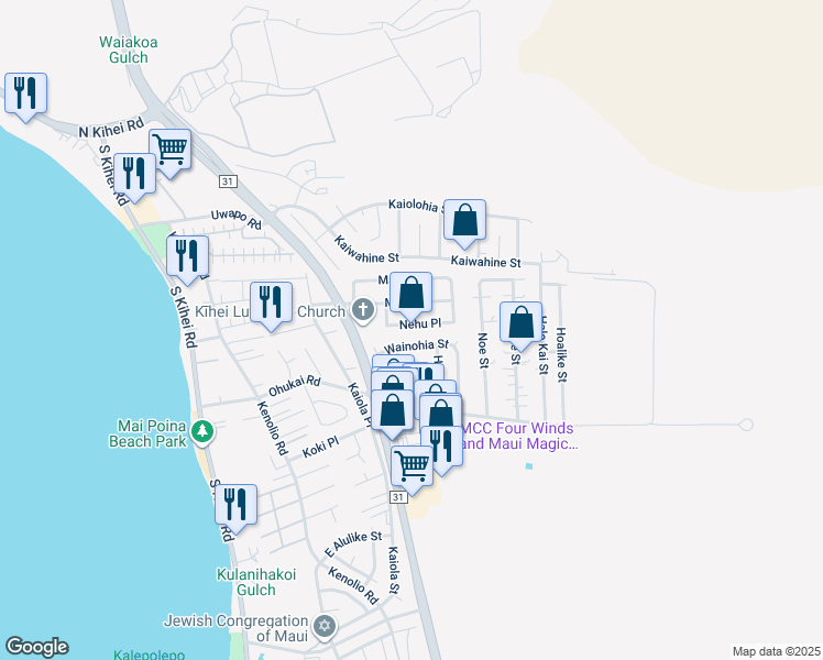 map of restaurants, bars, coffee shops, grocery stores, and more near 300 Nehu Place in Kihei