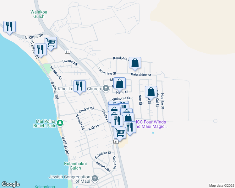 map of restaurants, bars, coffee shops, grocery stores, and more near 288 Nehu Place in Kihei