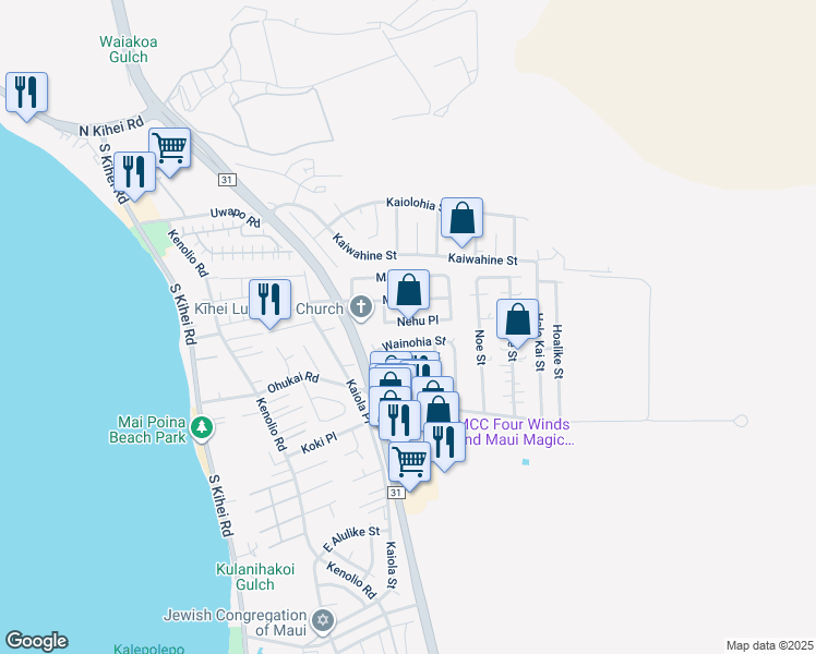 map of restaurants, bars, coffee shops, grocery stores, and more near 300 Nehu Place in Kihei