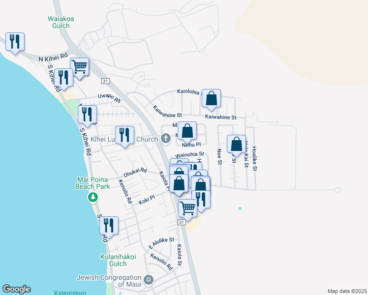 map of restaurants, bars, coffee shops, grocery stores, and more near 288 Nehu Place in Kihei