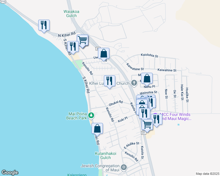 map of restaurants, bars, coffee shops, grocery stores, and more near 107 Luluka Place in Kihei