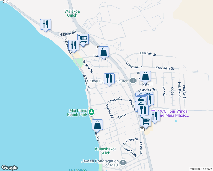 map of restaurants, bars, coffee shops, grocery stores, and more near 93 Luluka Place in Kihei