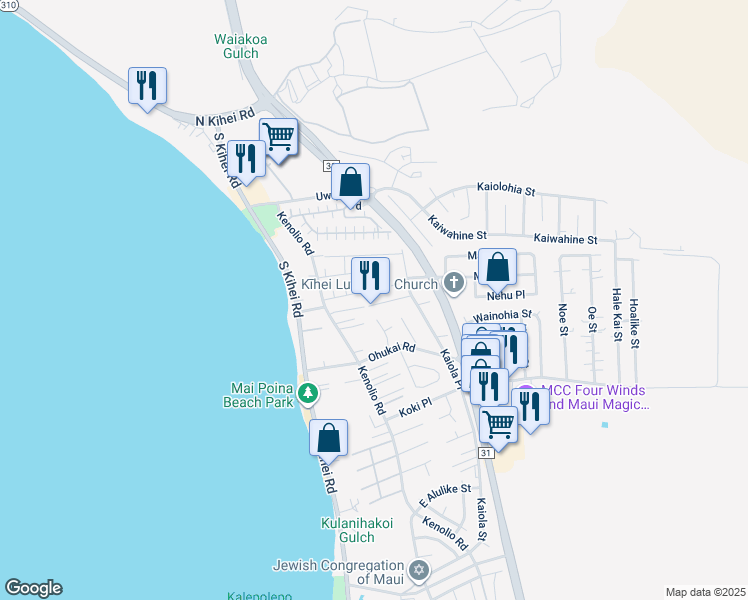 map of restaurants, bars, coffee shops, grocery stores, and more near 107 Luluka Place in Kihei
