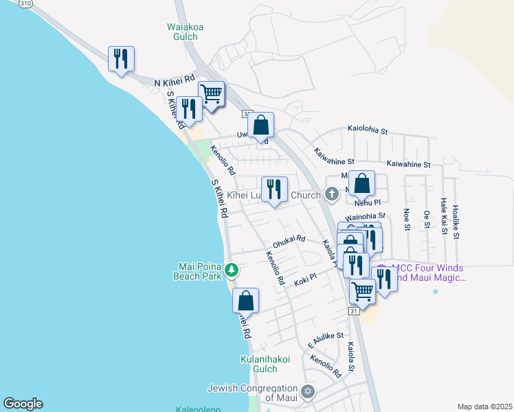 map of restaurants, bars, coffee shops, grocery stores, and more near 70 Aliilani Place in Kihei