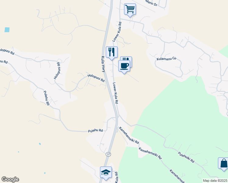 map of restaurants, bars, coffee shops, grocery stores, and more near 3044 Lower Kula Road in Kula