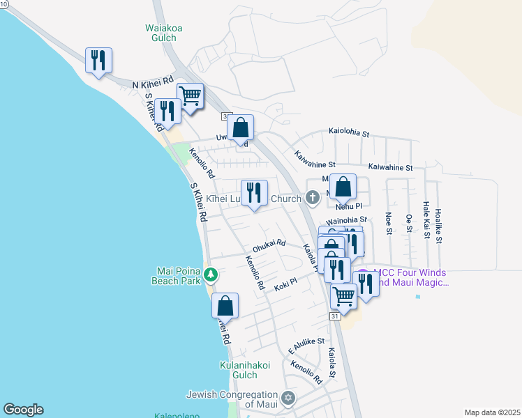 map of restaurants, bars, coffee shops, grocery stores, and more near 115 Luluka Place in Kihei