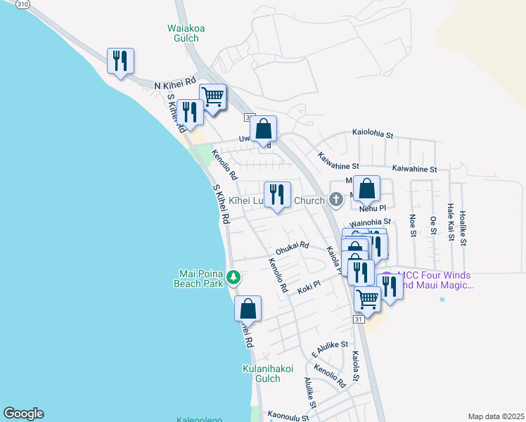 map of restaurants, bars, coffee shops, grocery stores, and more near 78 Aliilani Place in Kihei