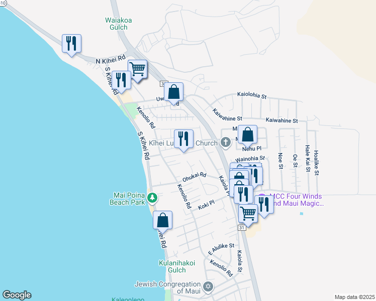map of restaurants, bars, coffee shops, grocery stores, and more near 115 Luluka Place in Kihei