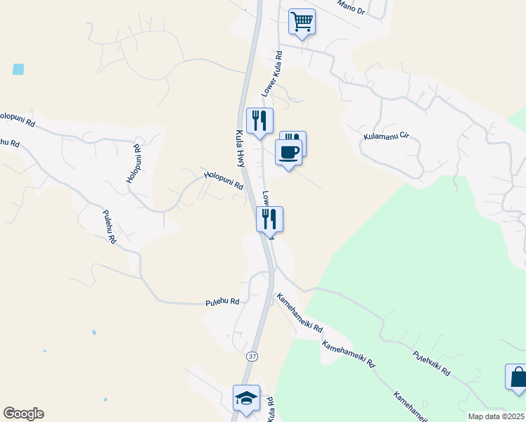 map of restaurants, bars, coffee shops, grocery stores, and more near 3044 Lower Kula Road in Kula