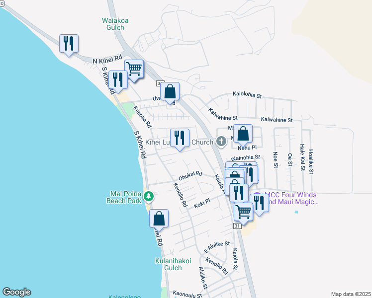 map of restaurants, bars, coffee shops, grocery stores, and more near 125 Luluka Place in Kihei