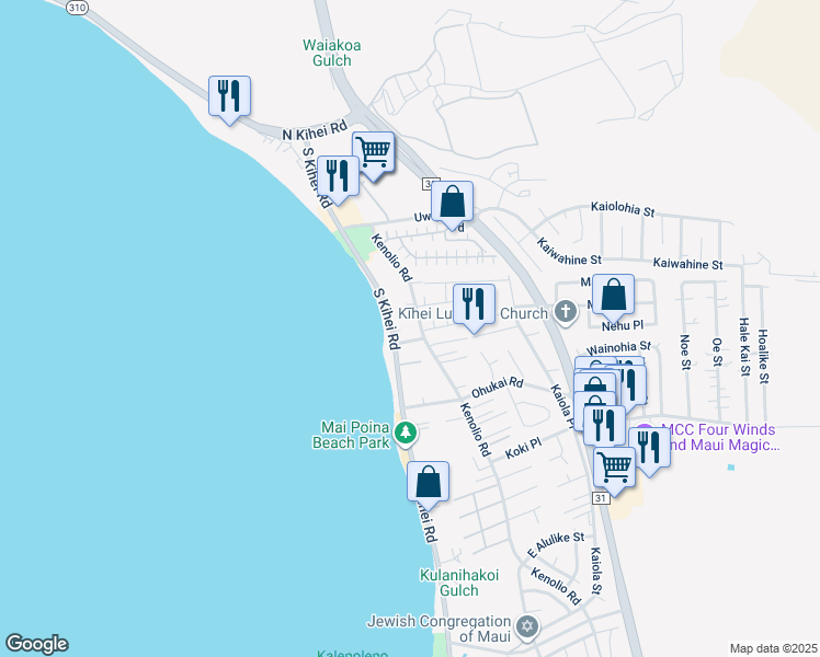 map of restaurants, bars, coffee shops, grocery stores, and more near 222 Kenolio Road in Kihei