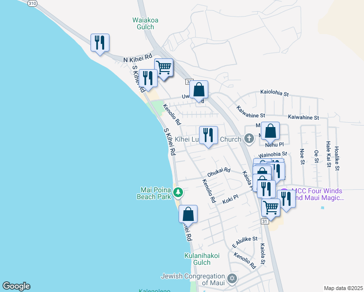 map of restaurants, bars, coffee shops, grocery stores, and more near 220 Kenolio Road in Kihei