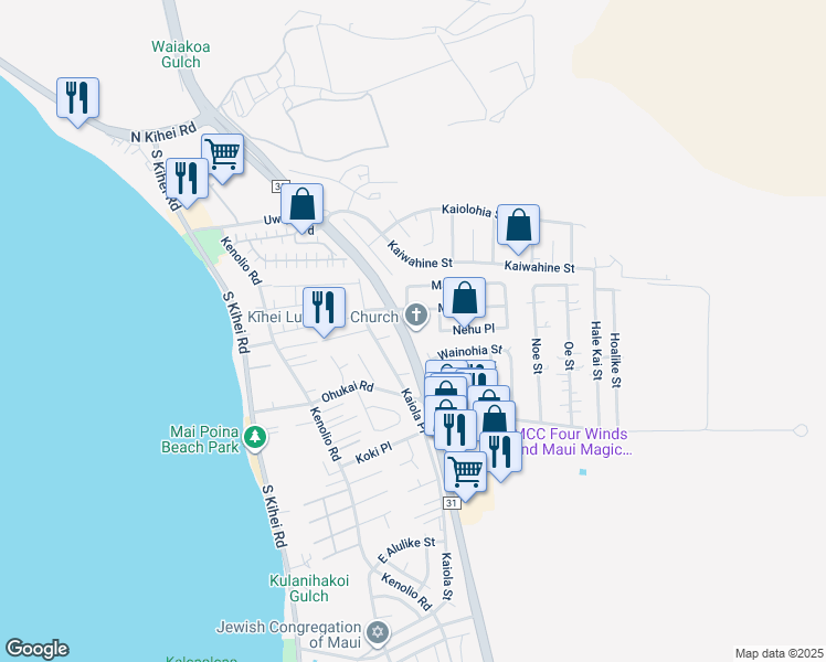 map of restaurants, bars, coffee shops, grocery stores, and more near 220 Moi Place in Kihei