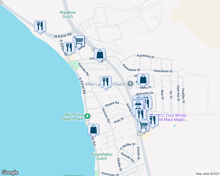 map of restaurants, bars, coffee shops, grocery stores, and more near 125 Luluka Place in Kihei