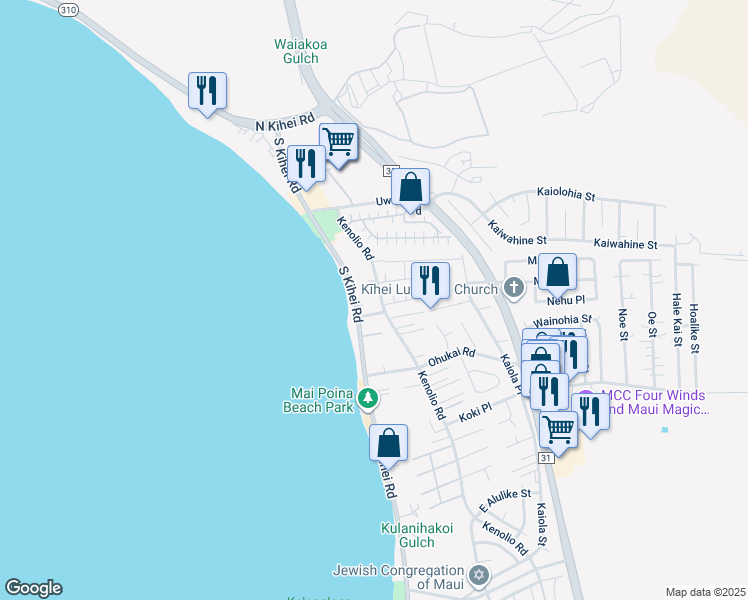 map of restaurants, bars, coffee shops, grocery stores, and more near 222 Kenolio Road in Kihei