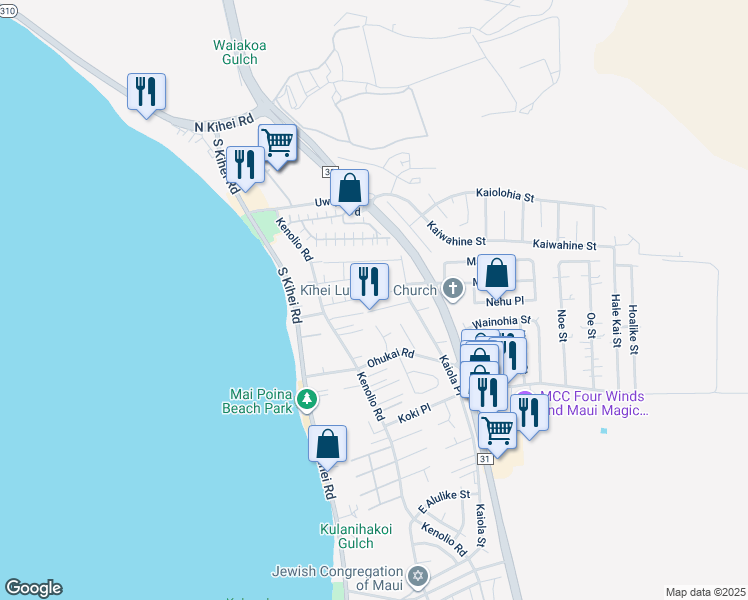 map of restaurants, bars, coffee shops, grocery stores, and more near 116 Aliilani Place in Kihei