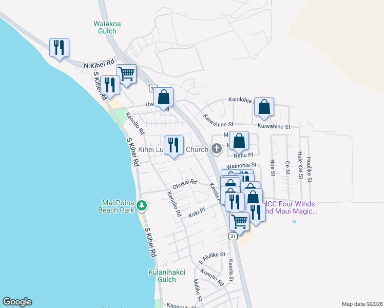 map of restaurants, bars, coffee shops, grocery stores, and more near 153 Luluka Place in Kihei