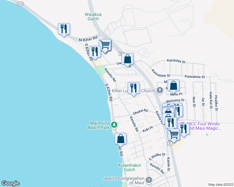 map of restaurants, bars, coffee shops, grocery stores, and more near 218 Kenolio Road in Kihei
