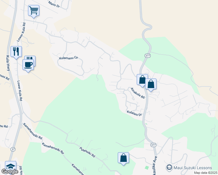 map of restaurants, bars, coffee shops, grocery stores, and more near 0 Ainakula Road in Kula
