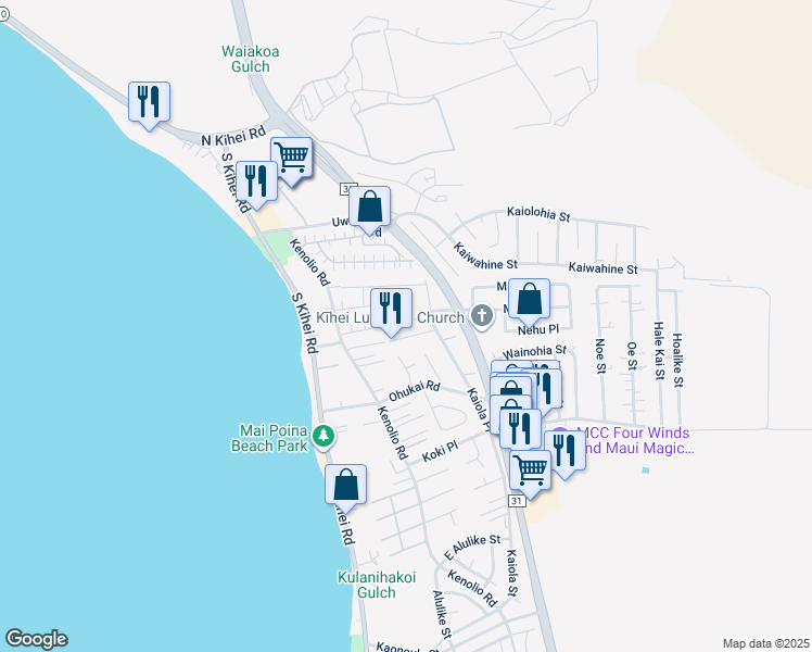 map of restaurants, bars, coffee shops, grocery stores, and more near 128 Aliilani Place in Kihei