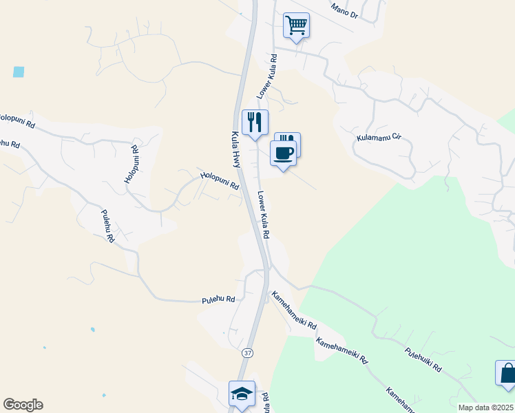 map of restaurants, bars, coffee shops, grocery stores, and more near 3020 Lower Kula Road in Kula