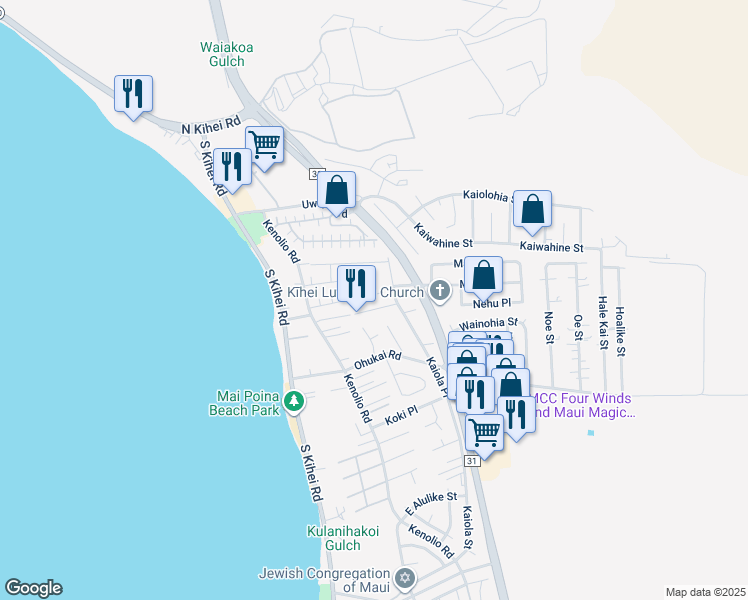 map of restaurants, bars, coffee shops, grocery stores, and more near 136 Aliilani Place in Kihei