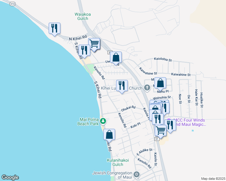 map of restaurants, bars, coffee shops, grocery stores, and more near 61 Aliilani Place in Kihei