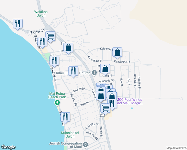 map of restaurants, bars, coffee shops, grocery stores, and more near 220 Moi Place in Kihei