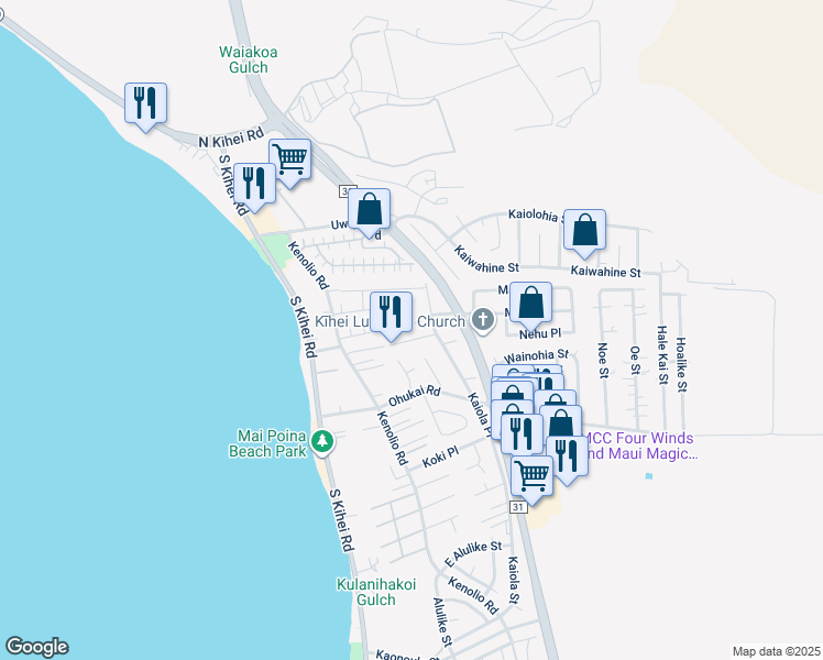 map of restaurants, bars, coffee shops, grocery stores, and more near 136 Aliilani Place in Kihei