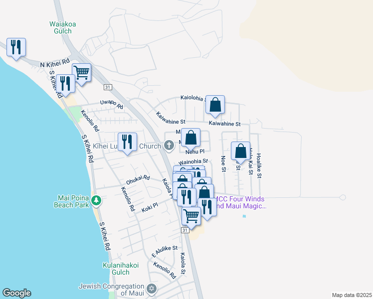 map of restaurants, bars, coffee shops, grocery stores, and more near 289 Nehu Place in Kihei