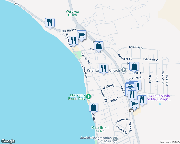 map of restaurants, bars, coffee shops, grocery stores, and more near 216 Kenolio Road in Kihei