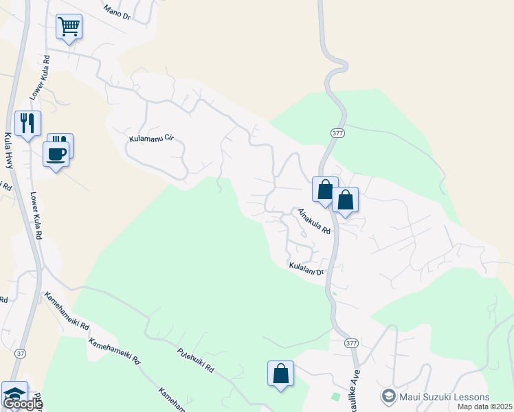map of restaurants, bars, coffee shops, grocery stores, and more near 0 Ainakula Road in Kula
