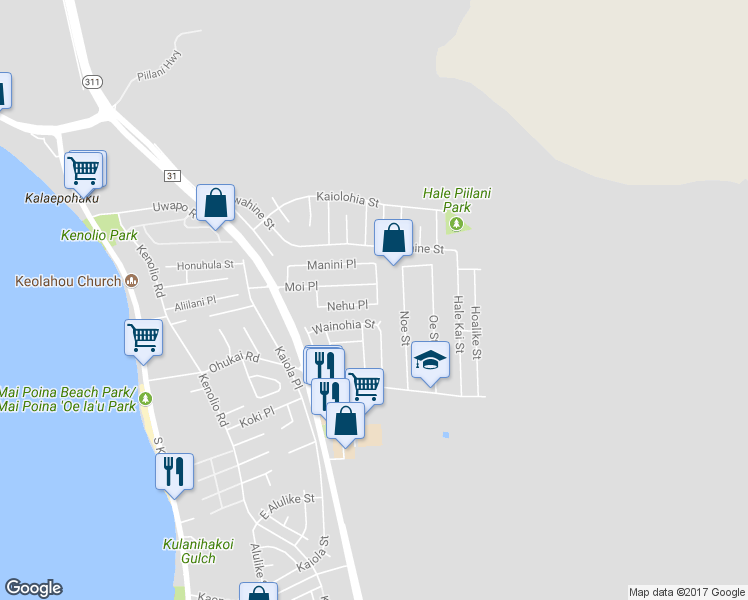 map of restaurants, bars, coffee shops, grocery stores, and more near 220 Nehu Place in Kihei
