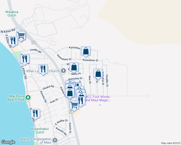 map of restaurants, bars, coffee shops, grocery stores, and more near 239 Oe Street in Kihei