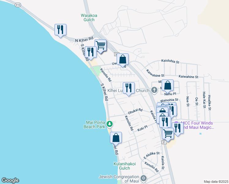 map of restaurants, bars, coffee shops, grocery stores, and more near 219 Kenolio Road in Kihei