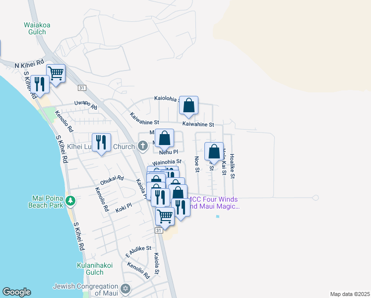 map of restaurants, bars, coffee shops, grocery stores, and more near 223 Paka Place in Kihei