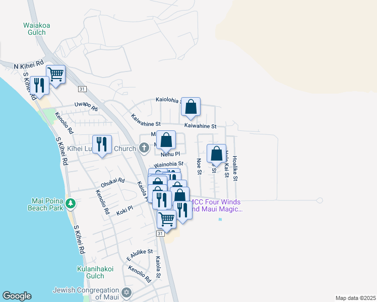 map of restaurants, bars, coffee shops, grocery stores, and more near 223 Paka Place in Kihei