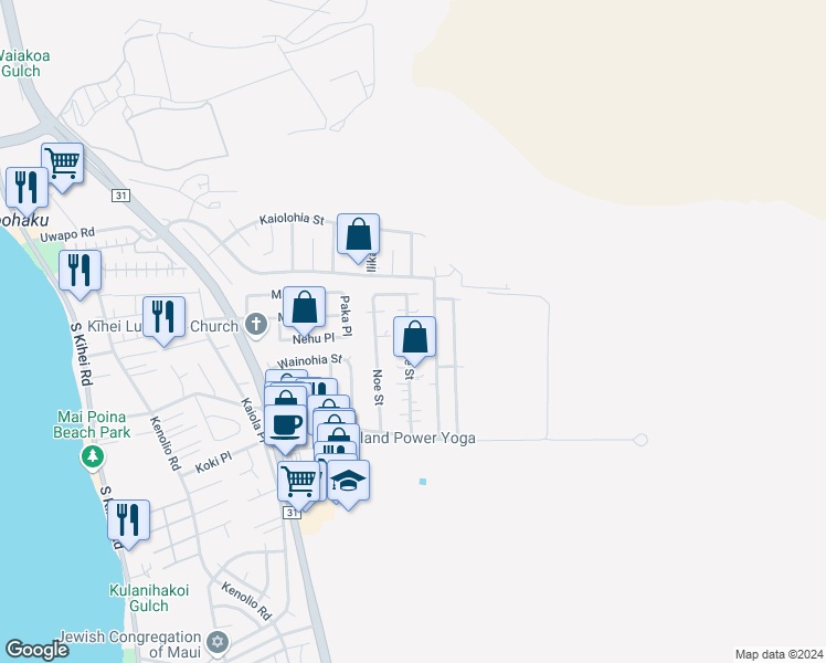 map of restaurants, bars, coffee shops, grocery stores, and more near 232 Oe Street in Kihei